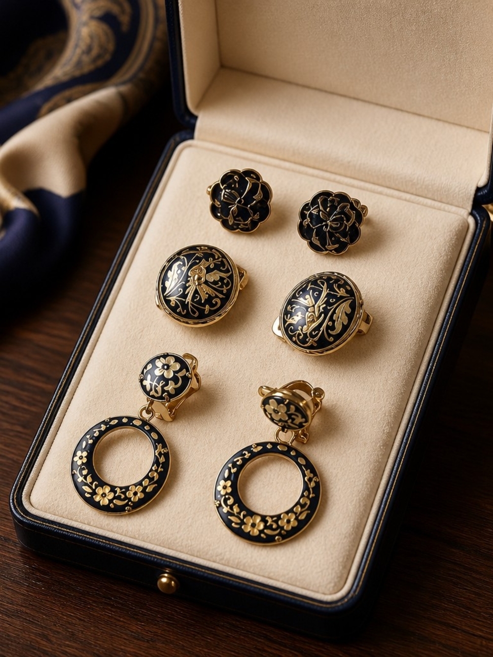 Vintage Damascene Black Gold Tone Bird Floral Design Dangle Clip On Earrings set
